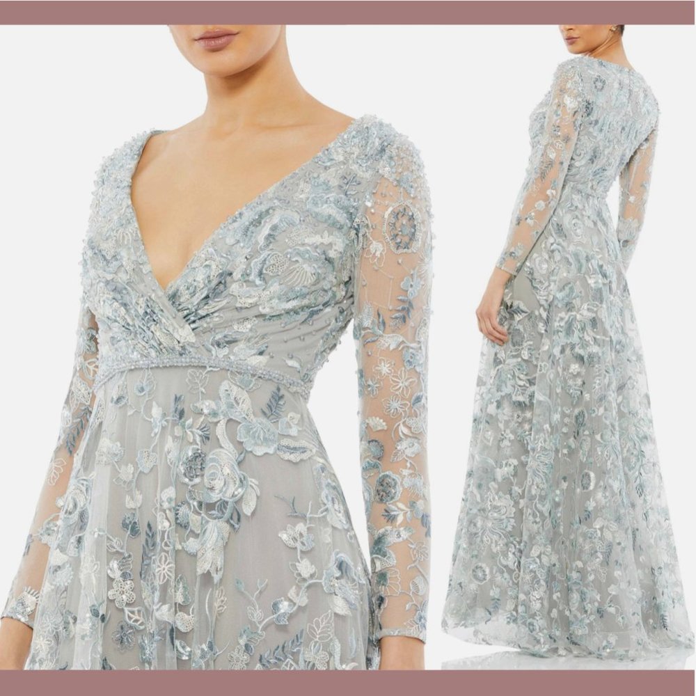 NWT $798 Mac Duggal [ 10 ] Embellished‎ V-Neck Long Sleeve A Line Gown Silver